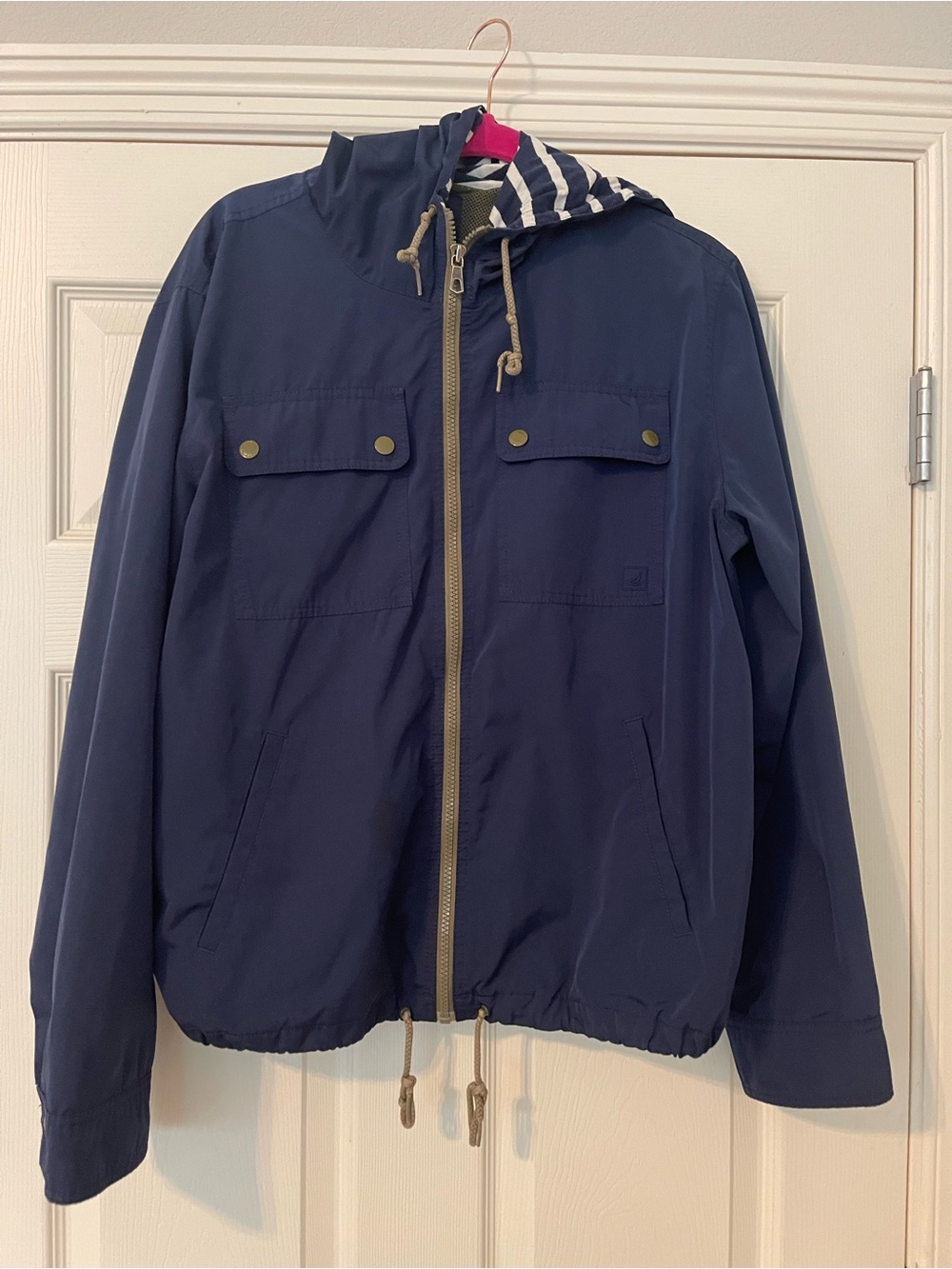 Sperry Navy Hooded Windbreaker with Striped Lining - Medium